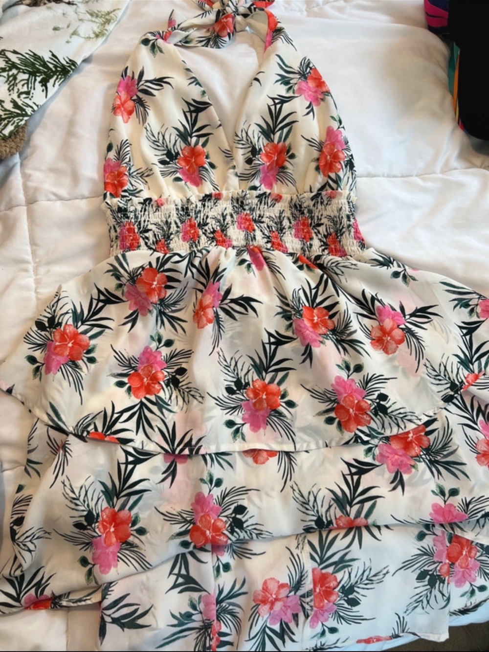 Floral Halter Tiered Summer Dress - White with Pink & Coral Flowers